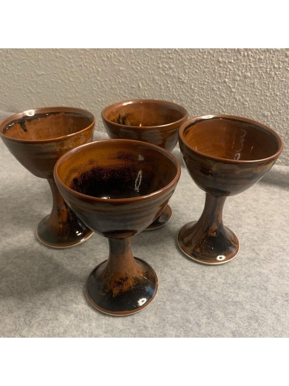 Vintage Studio Pottery Stoneware Goblets Set of Four Glazed Brown Black 6x3-3/8